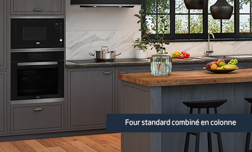 Four et four micro-ondes placé à hauteur Beko dans une cuisine industrielle grise